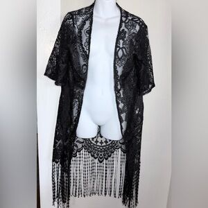 Black sheer floral lace open-front kimono cover-up fringe hem Medium